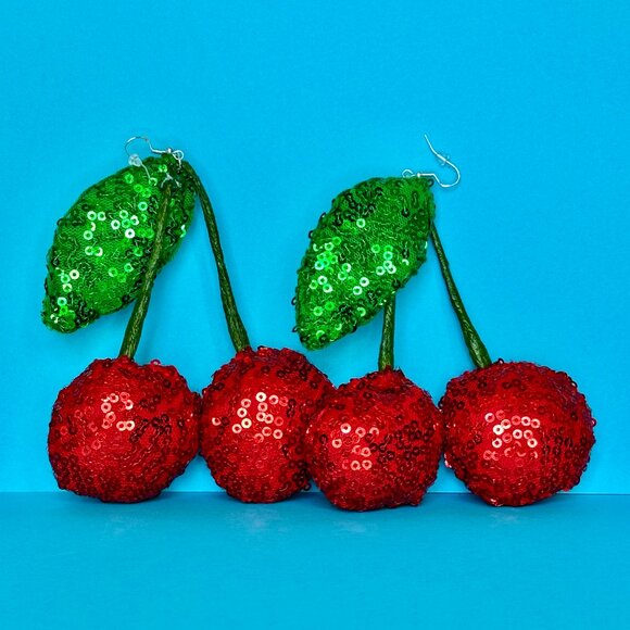 DiscoFruits Plush Sparkly Sequin Statement Disco Cherry Earrings in Red & Green - Picture 5 of 5